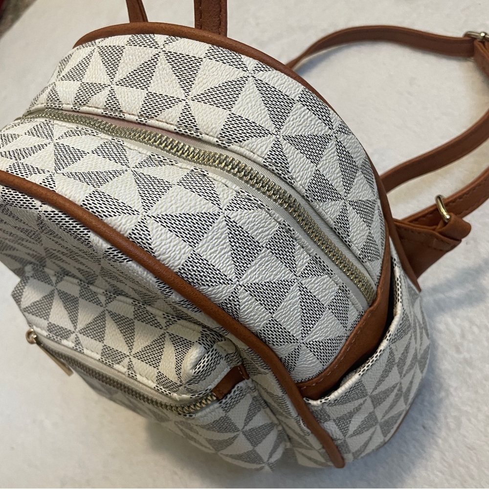 Geometric Patterned Mini Backpack With Brown Acce… - image 3